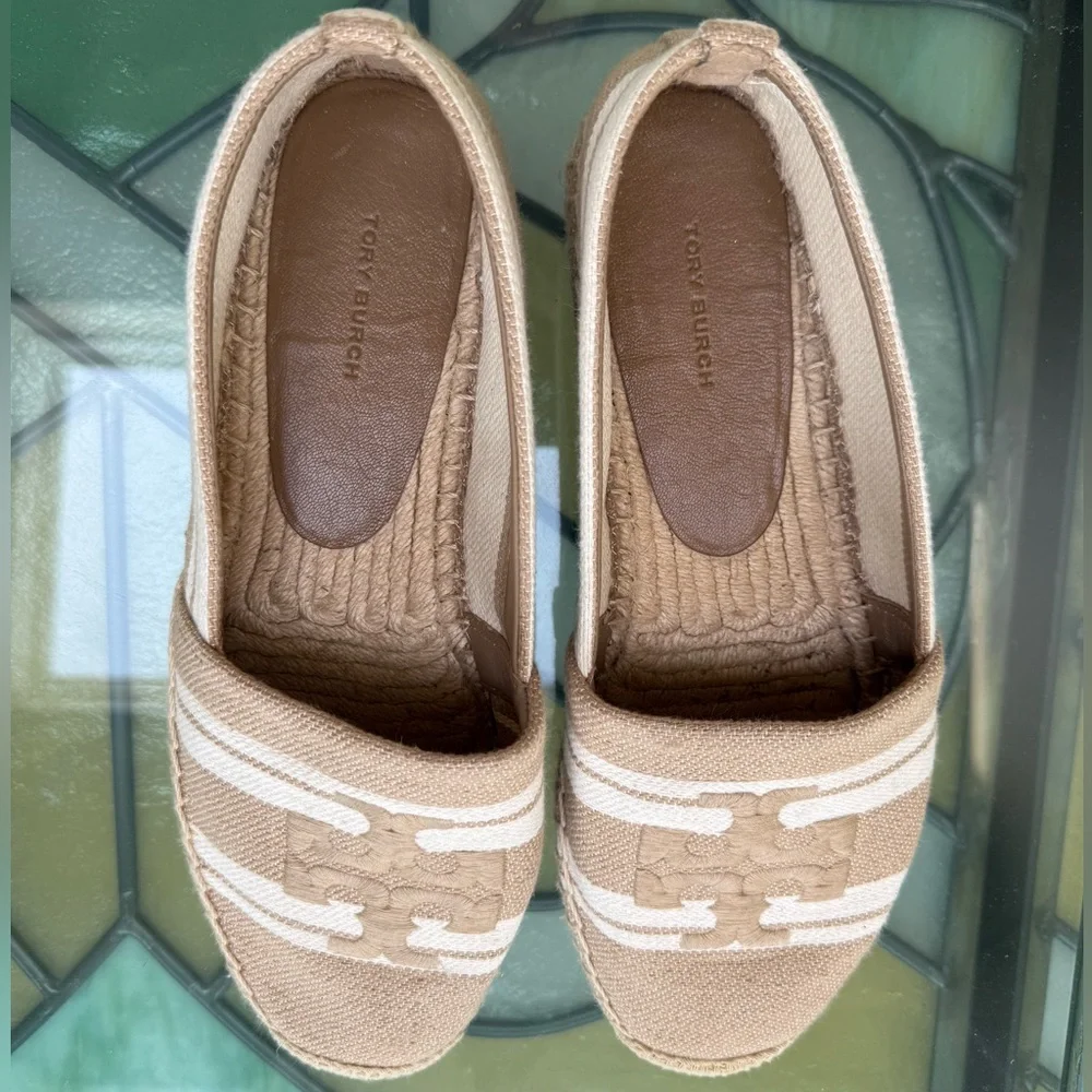 Tory Burch Double T Jacquard Beige and White Espadrilles 10